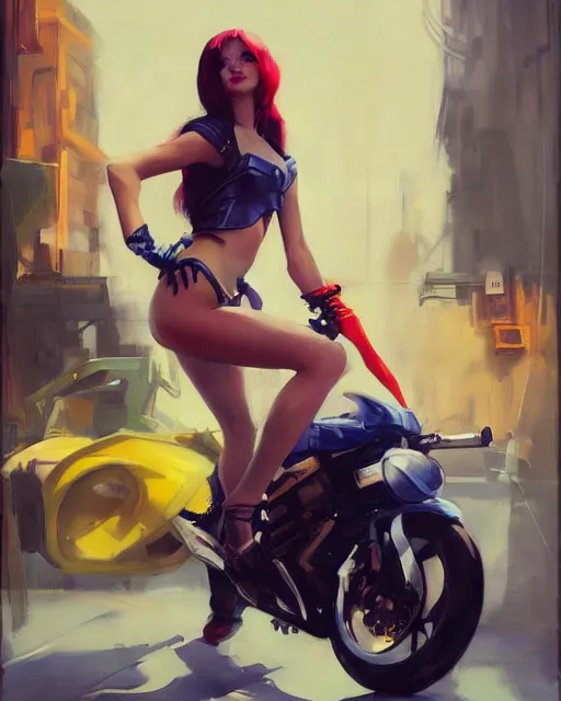 Image similar to greg manchess portrait painting of bunny cosplayer with female body, sitting on cyberpunk motorbike, medium shot, asymmetrical, profile picture, organic painting, sunny day, matte painting, bold shapes, hard edges, street art, trending on artstation, by huang guangjian and ail elvgren and sachin teng