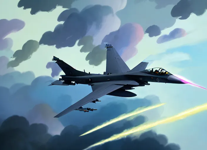 Prompt: portrait of figther jet evading, smoky sky background, lush landscape, illustration concept art anime key visual trending pixiv fanbox by wlop and greg rutkowski and makoto shinkai and studio ghibli and kyoto animation, us airforce, f 1 6, panavia tornado, symmetrical, chaffs and flares, white missiles trails