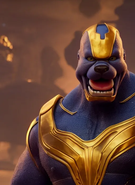 Image similar to Mickey Mouse cast as Thanos, still from Marvel movie, hyperrealistic, 8k, Octane Render,