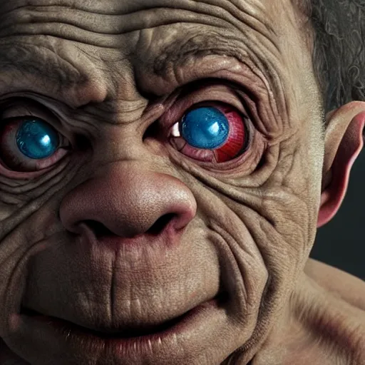 Image similar to hyperrealistic mixed media high resolution painting of Danny DeVito Gollum perched in a dark cave, stunning 3d render inspired art by Jamie Salmon and István Sándorfi and Unreal Engine and Greg Rutkowski, perfect facial symmetry, dim volumetric lighting, 8k octane beautifully detailed render, full body shot, post-processing, extremely hyper-detailed, intricate, epic composition, highly detailed attributes, highly detailed atmosphere, cinematic lighting, masterpiece, trending on artstation, very very detailed, masterpiece, stunning, flawless completion, lifelike texture, perfection,