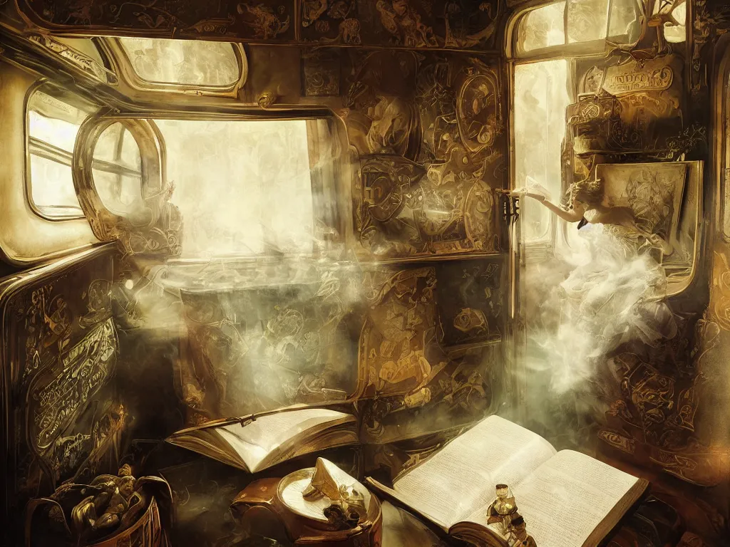 Image similar to detailed painting of a magical book laying open on the seat of a train car by Pieter Claesz and Krenz Cushart, fantasy, dramatic light