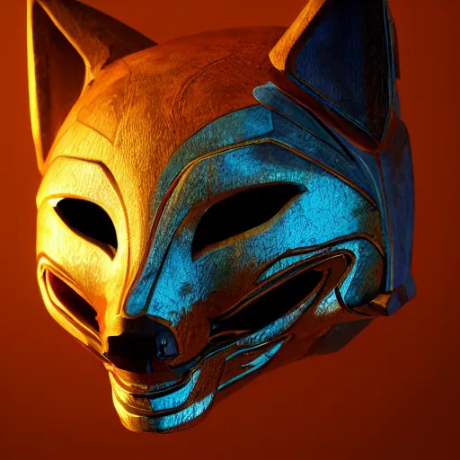 Prompt: cybertronic tribal mask, fox, japanese pottery, vivid colors, wood, metal, intricate details, trending on cgsociety, concept art, glowing eyes, sharp focus, ultra realistic details, cinematic atmosphere, global illumination, shadows