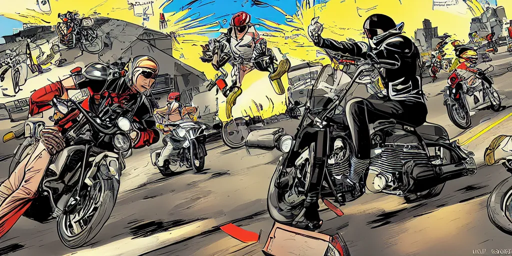 Prompt: motorcycle chase battle highway style of a graphic novel
