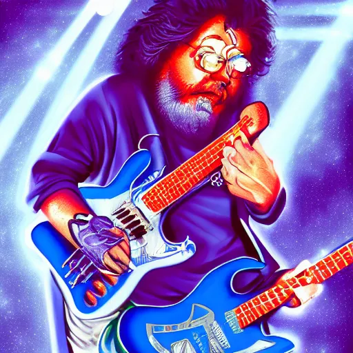 Image similar to a Jerry Garcia guitarist playing so intensely there is electricity shooting out from his guitar, energy beams under his finger tips, and magic sparkles from the freboard, amazing ditial art, trending on artstation, featured on deviantart