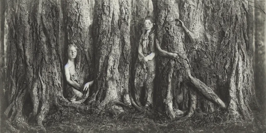 Prompt: shocked human face intertwined and fused with a tree bark in an ominous forest, 1900s photography