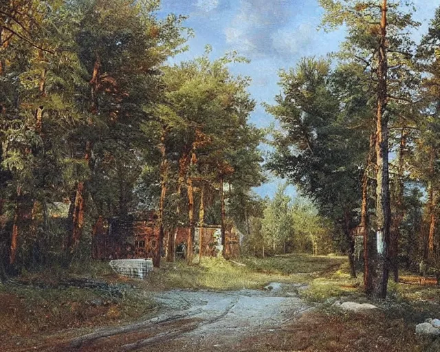 Image similar to beautiful matte painting of cute soviet block of flats hrushevka in end of forest by ivan shishkin,