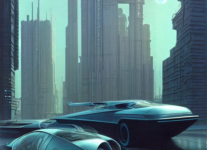 Image similar to a car driving down a street next to tall buildings, cyberpunk art by Chesley Bonestell, cgsociety, retrofuturism, matte painting, reimagined by industrial light and magic