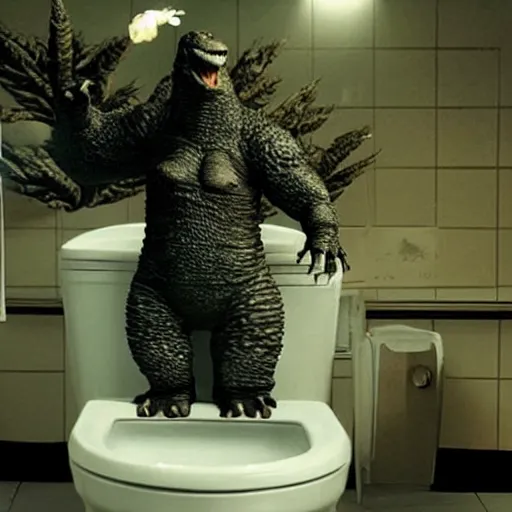 Image similar to candid photo of godzilla sitting on a gigantic toilet