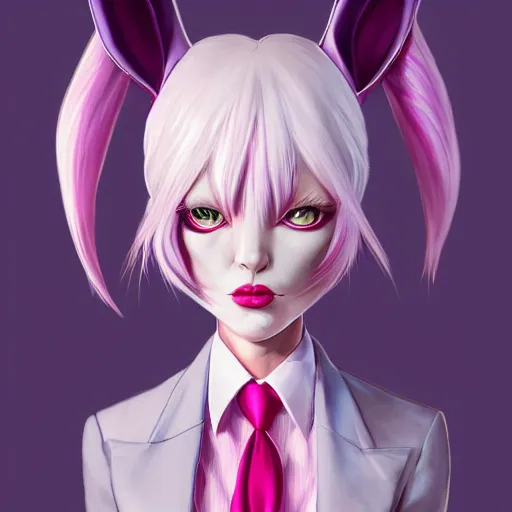 Prompt: portrait of woman with pink hair, large red eyes, and white rabbit ears wearing a purple suit with a red tie and a pink miniskirt, character design by ross tran, bo chen, rebecca oborn, michael whelan, artstation