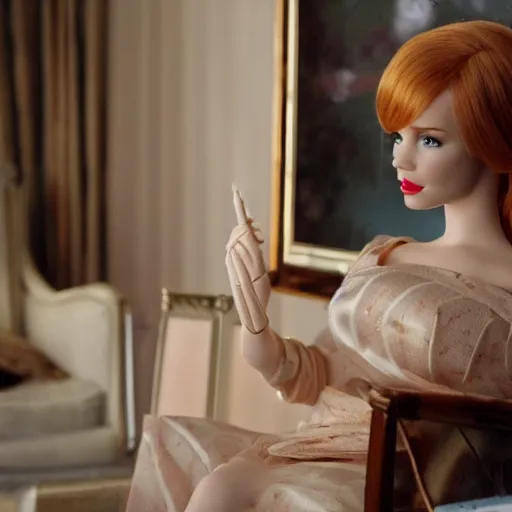 Image similar to amazing beautiful Christina Hendricks barbie doll in the living room, film still from the movie directed by Denis Villeneuve , wide lens