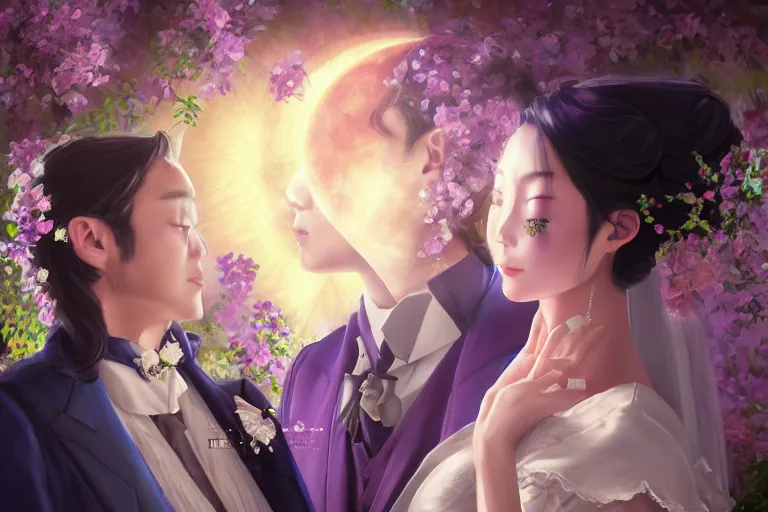 Image similar to a cinematic portrait of wedding photograph jpeg close up moment of a divine a japan sun god and moon goddess lovers magician at a wedding banquet. portraiture. digital painting. artstation. concept art. fantasy wedding photo. digital painting, 8 k realistic, hyper detailed, violet evergarden art masterpiece by art by krenz cushart