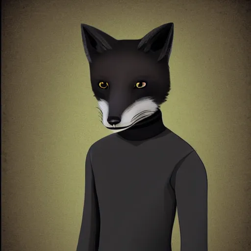 Image similar to handsome male anthropomorphic black fox, wearing a turtleneck, digital art