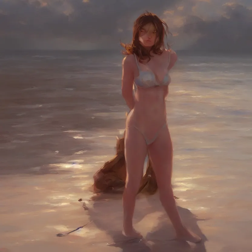 Prompt: Expressive painting of one girl standing on the beach, beautiful lighting, digital art by Krenz Cushart, trending on artstation