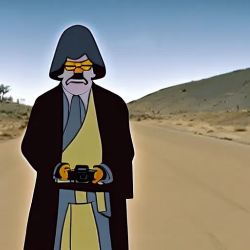 Image similar to a cinematic photo of george lucas dressed as a jedi on his way to work at the kwik - e - mart from the simpsons, beautiful, breaking bad, canon, elegant, star wars, 4 k,