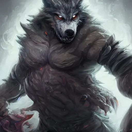 Image similar to portrait of werewolf using a burning laboratory, league of legends splash art, hearthstone splash art, full body shot, rule of thirds, ultrafine hyperrealistic detailed face, artgerm, greg rutkowski, trending on artstation, 8 k, intricately detailed, highly detailed