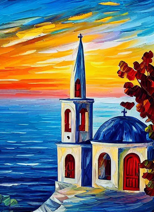 Image similar to beautiful seaside greek village and chapel at sunset in the style of leonid afremov