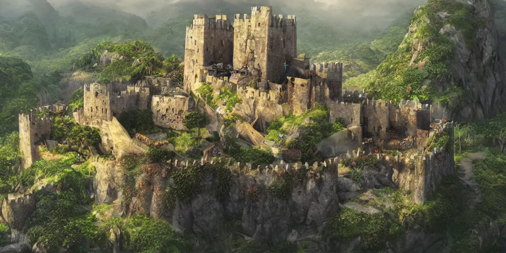 Prompt: a hyper realistic professional photographic view picture of a medieval fortress on the side of a mountain on the edge of a jungle photographic filter unreal engine 5 realistic hyperdetailed 8k ultradetail cinematic concept art volumetric lighting, fantasy artwork, very beautiful scenery, very realistic painting effect, hd, hdr, cinematic 4k wallpaper, 8k, ultra detailed, high resolution, artstation trending on artstation in the style of Albert Dros glowing rich colors powerful imagery nasa footage drone footage drone photography