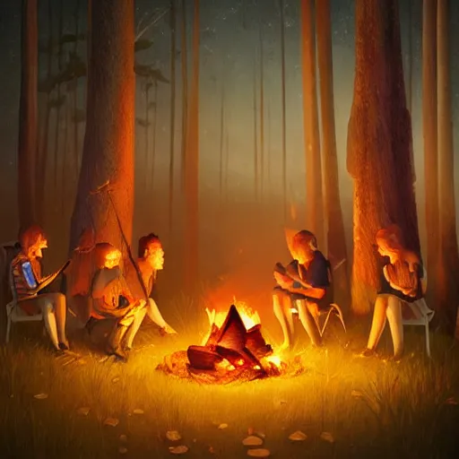 Prompt: campfire in the night in the middle of the woods, stylized, artgerm, artstation, hd, cgsociety, cgi, realistic, dramatic, cinematic, artistic, trending, detailed