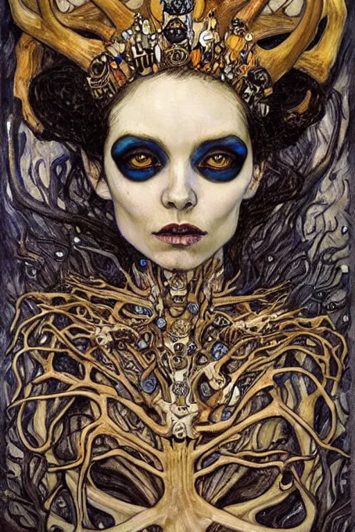 Prompt: The Queen of Bones by Karol Bak, Jean Deville, Gustav Klimt, and Vincent Van Gogh, portrait of a majestic demonic queen, beautiful vampire queen, jade green cat eyes on fire, mystic eye, otherworldly, crown made of bones, antlers, horns, ornate jeweled crown, skull, fractal structures, arcane, inscribed runes, infernal relics, ornate gilded medieval icon, third eye, spirals, rich deep moody colors