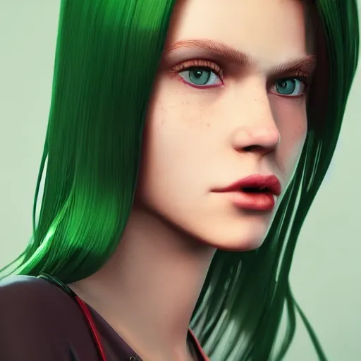 Image similar to beautiful girl her name was helga. she had red hair and green eyes and wanted to become a journalist when she grew up, beautiful portrait, symmetrical, character concept style trending on artstation concept art detailed octane render cinematic photo - realistic 8 k high detailed