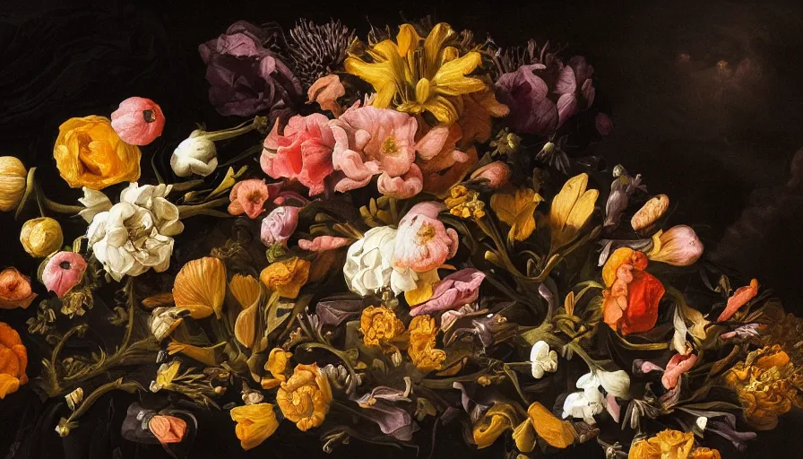 Prompt: beautiful disturbing dutch golden age bizarre floral still life with toes sprouting up everywhere by rachel ruysch black background chiaroscuro beautiful dramatic lighting perfect composition high definition 8 k 1 0 8 0 p
