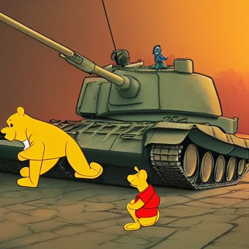 Prompt: winnie the pooh as tank man at tiananmen square sitting down in front of chinese tanks, award winning photography, extremely detailed, artstation, 8 k, sensual lighting, incredible art, wlop, artgerm