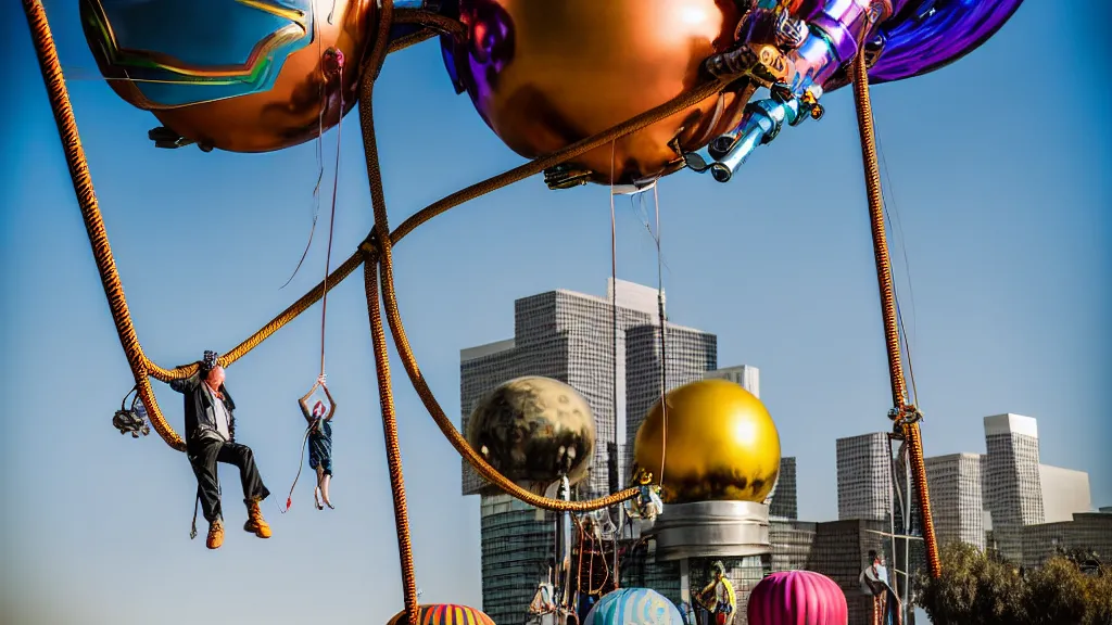 Prompt: large colorful futuristic space age metallic steampunk balloons with pipework and electrical wiring around the outside, and people on rope swings underneath, flying high over the beautiful los angeles city landscape, professional photography, 8 0 mm telephoto lens, realistic, detailed, photorealistic, photojournalism