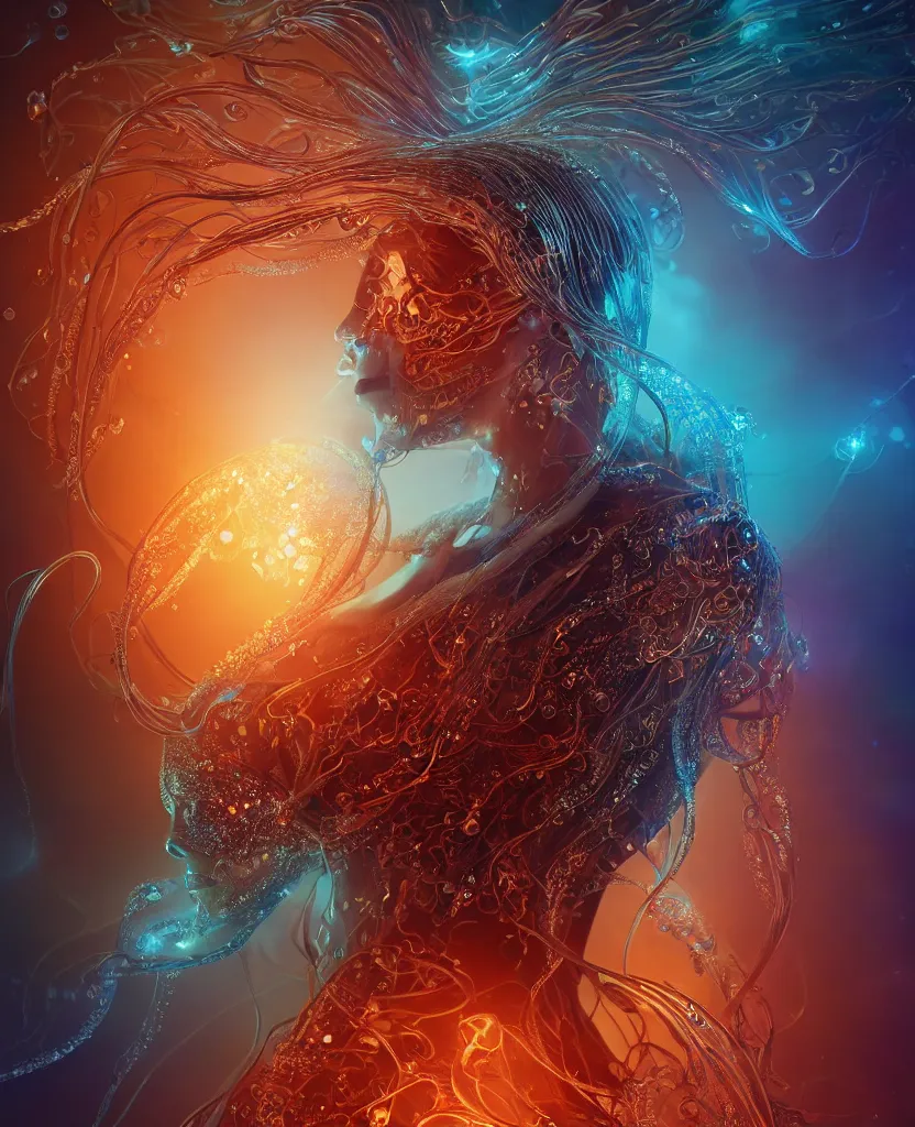 Image similar to close-up macro portrait of the face of a beautiful princess, epic angle and pose, symmetrical artwork, 3d with depth of field, blurred background, cybernetic jellyfish female face skull phoenix bird, translucent, nautilus, energy flows of water and fire. a highly detailed epic cinematic concept art CG render. made in Maya, Blender and Photoshop, octane render, excellent composition, cinematic dystopian brutalist atmosphere, dynamic dramatic cinematic lighting, aesthetic, very inspirational, arthouse. y Greg Rutkowski, Ilya Kuvshinov, WLOP, Stanley Artgerm Lau, Ruan Jia and Fenghua Zhong