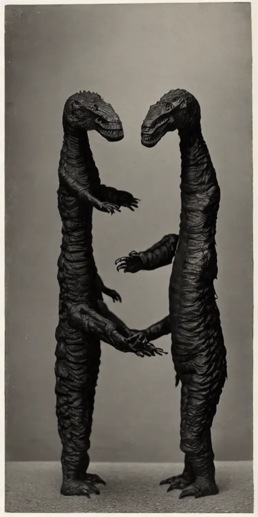 Prompt: tall t rex with long arms, shaking hands. Business men. anamorphic, strange, black and white, photograph, 1850s