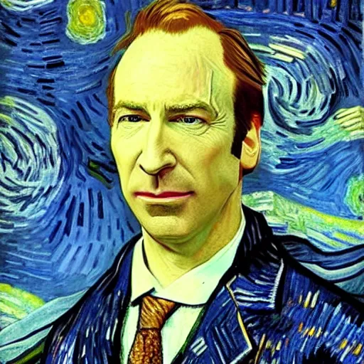 Prompt: a detailed portrait of bob odenkirk as saul goodman by van gogh