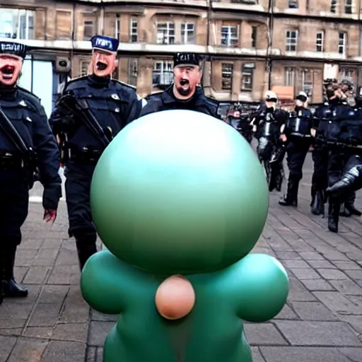 Image similar to Limmy as solid snake ballooning a policeman in Glasgow,