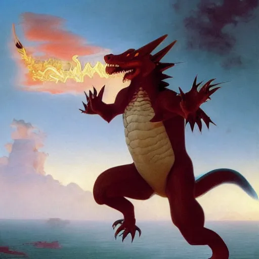 Image similar to Painting of a Charizard as Godzilla. Art by william adolphe bouguereau. During golden hour. Extremely detailed. Beautiful. 4K. Award winning.