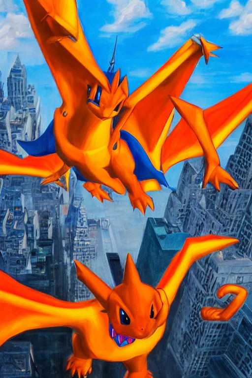 Prompt: charizard flying above new york, oil on canvas, intricate, 8 k highly professionally detailed, hdr, cgsociety