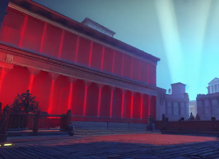 Prompt: ancient european court building with red shafts of light in destiny 2, foggy, liminal, dark, dystopian, beautiful architecture, abandoned, highly detailed 4 k 6 0 fps in - game destiny 2 gameplay screenshot leak