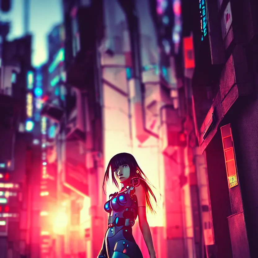 Image similar to a photo close up cyberpunk cyborg girl stands in a cyberpunk hiroshima, prefecture streets, sunset, photorealistic, cinematic lighting, very detailed, style by tomino - sama