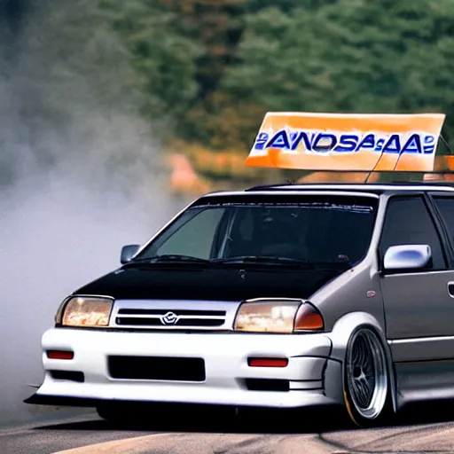 Image similar to 1990s Toyota Sienna with racing tires and racing livery, widebody kit, drifting through nurburgring, photography