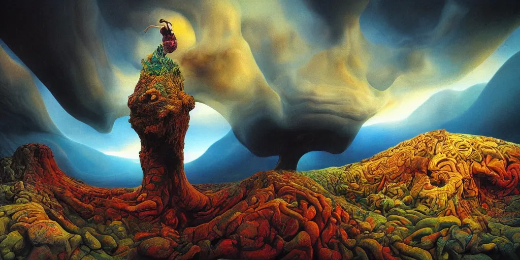 Prompt: ultrawide angle colour masterpiece surreal closeup portrait photography of surrealism by annie leibovitz and michael cheval, god mountain hybrid laying down, incredible sense of depth and perspective and clarity, weird surreal epic psychedelic complex biomorphic 3 d fractal landscape in background by kilian eng and roger dean and giger and salvador dali and beksinski, 8 k