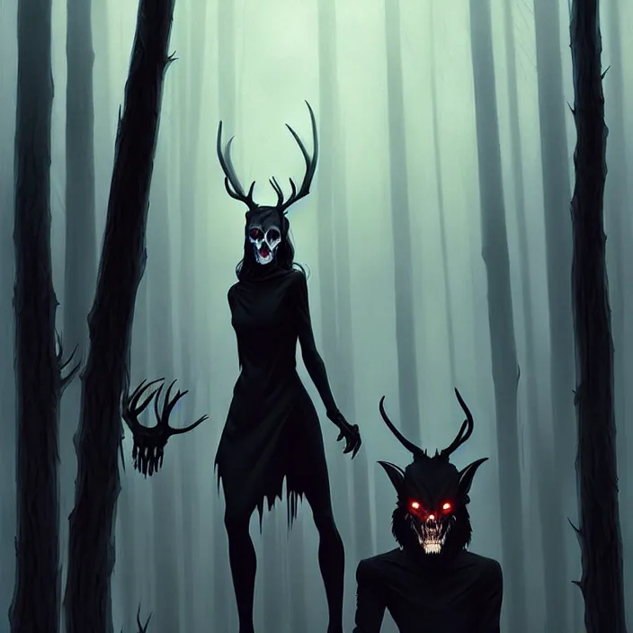 Image similar to style artgerm, joshua middleton, diego fazio, marc simonetti : : scary wendigo with antlers and skull face mixed with werewolf : : [ [ beautiful witch wearing a black dress, symmetrical face, on the right side ] ] : : in the forest, detailed, dark and foggy, cinematic lighting