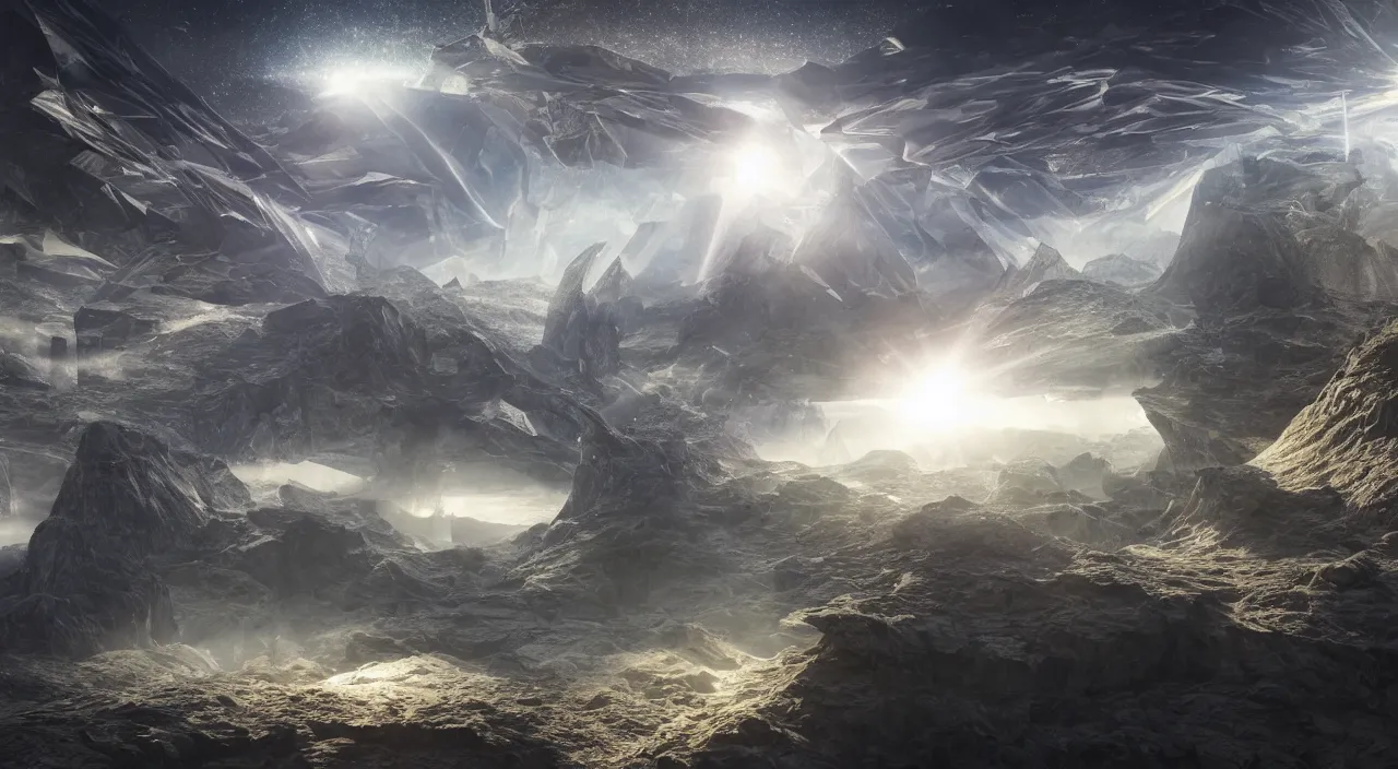 Image similar to crystallographic megastructure architecture on a landscape at the edge of space, by jack oliva - rendler, by ernst haeckel, by albert bierstadt, photorealistic, zaha hadid, god rays, volumetric lighting, detailed, intricate, delicate, raytrace, octane, light fog, neon, bladerunner