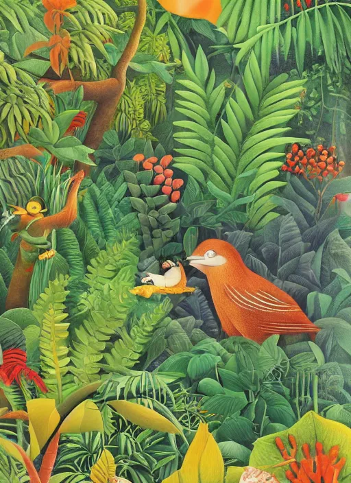 Image similar to rare bird in the jungle, highly detailed, style of henri rousseau and richard scarry and hiroshi yoshida