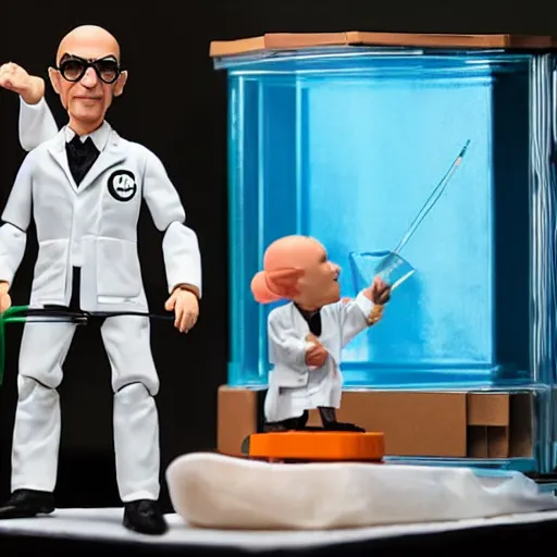 Image similar to albert hofmann wearing a lab coat in his laboratory, stop motion vinyl action figure, plastic, toy, butcher billy style