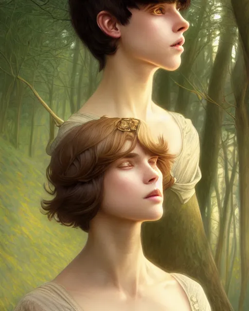 Image similar to symmetry portrait of welsh brunette princess disguised as a young man, tomboy, short hair, forest background, intricate, elegant, highly detailed, digital painting, artstation, concept art, smooth, sharp focus, illustration, art by artgerm and greg rutkowski and fra angelico and alphons mucha