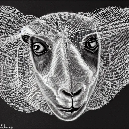 Image similar to transparent sheep in spiderweb clothes. fusion between lamb and cobweb. white eyes. pencil sketch, concept art