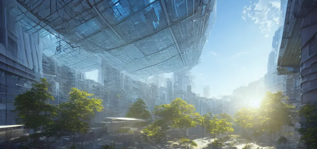 Image similar to view of a utopian solarpunk office building, blue clear skies, dappled light, cinematic lighting, ultra detailed, sharp, ambient occlusion, raytracing, 3 d artstation render by greg rutowski, finnian macmanus and jessica rossier