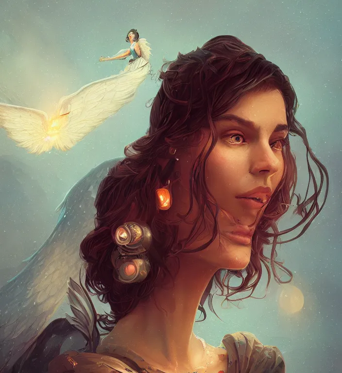 Image similar to centered waist up portrait photography an angel + bokeh + DOF + 8k, photorealistic + rendered in octane + illustration by Peter Mohrbacher, line work by Dan Mumford