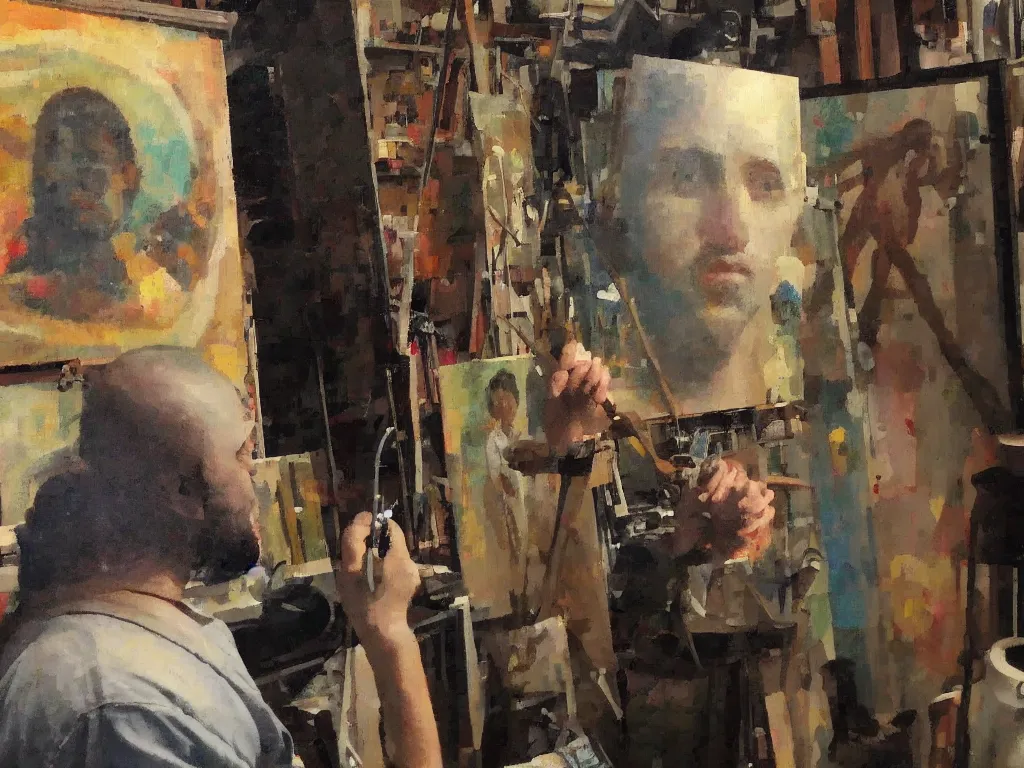 Prompt: an artificial intelligence painting a masterpiece self - portrait in his studio