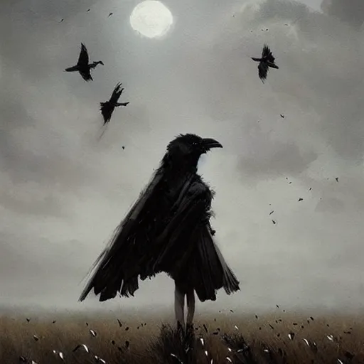 Image similar to A field full of crows, dark sky, art by greg rutkowski, trending on artstation.