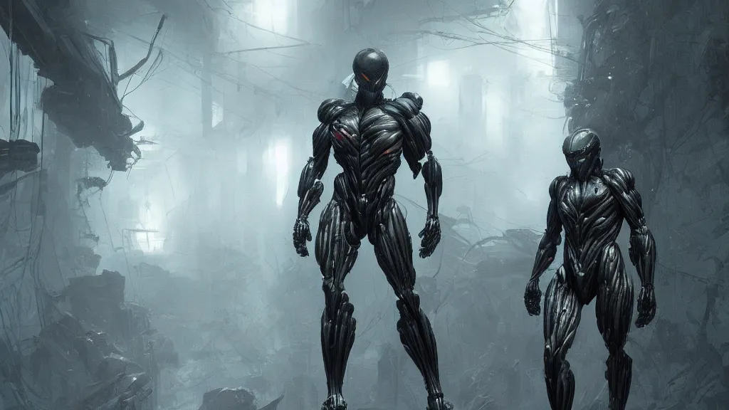 Image similar to crysis nanosuit with powerful biological muscle augmentation, machines, bleak, eerie atmospheric, at dawn, painted by tsutomu nihei, painted by artgerm and greg rutkowski