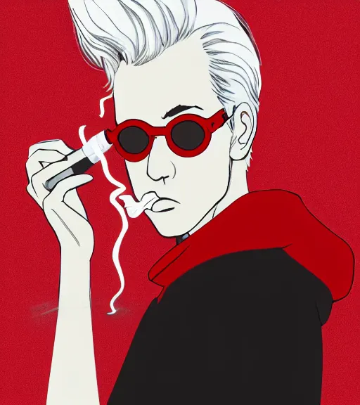 Prompt: young man in red jacket and white shirt, white hair, round goggles, smoking cigarette, character portrait, sharp focus, illustration, high detailed