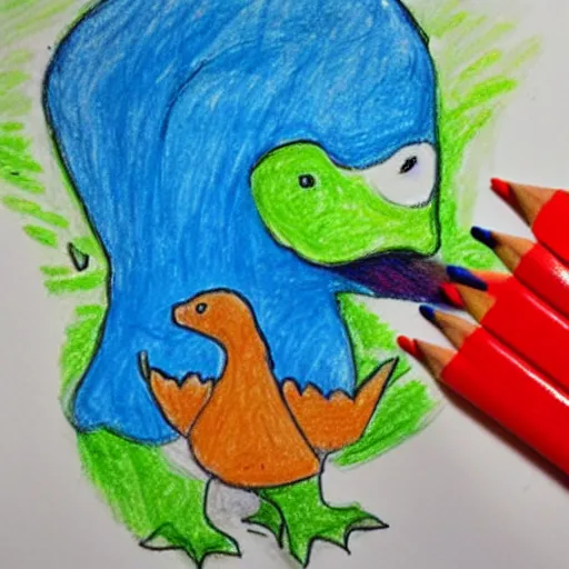 Prompt: a child's drawing of a dinosaur eating a duck in crayon